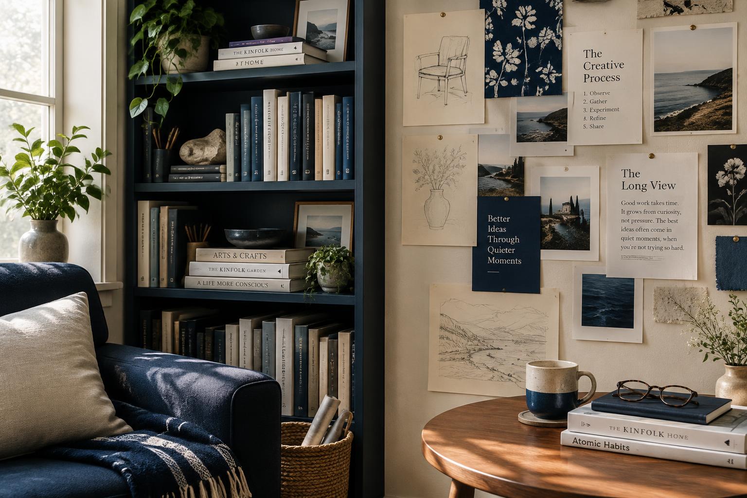 A quiet creative studio corner with bookshelves, sketches, and pinned inspiration
