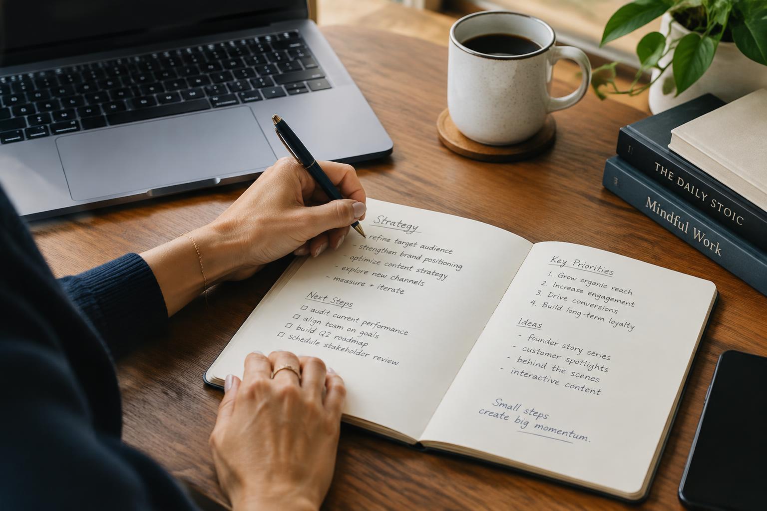 Strategy notes being written in a notebook beside a laptop and coffee